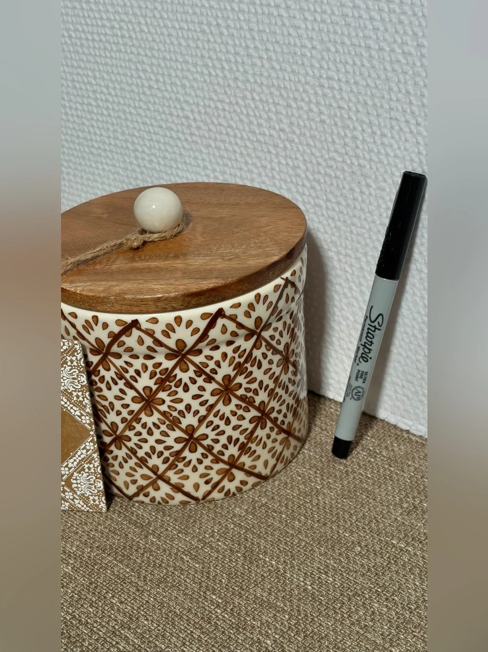 Ceramic Jar with Wood Lid - Hand-Painted Brown & Cream - Picture 8 of 8